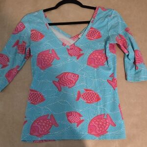 Vibrant Fish Print V-Neck Long Sleeve Top